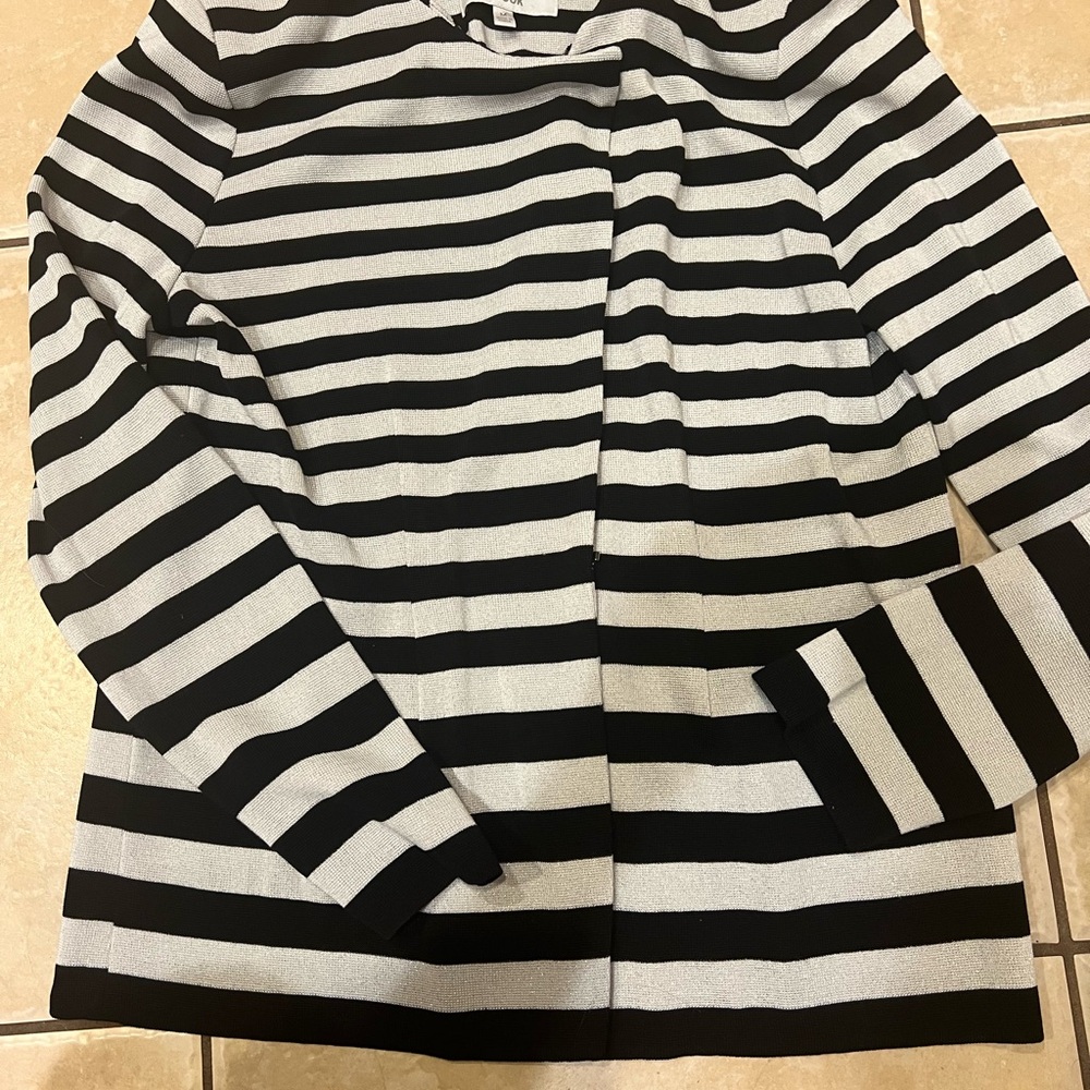 Exclusively Misook Black/White Metallic Stripe Shimmery Cardigan Sweater